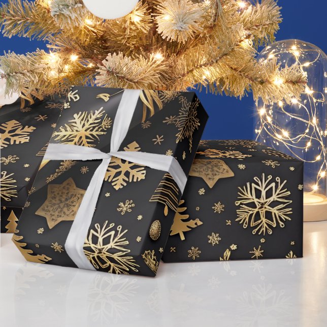 Papel De Regalo Elegante regalo de Navidades negros y de oro (Vacaciones)