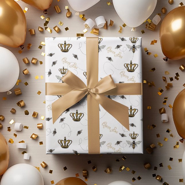 Papel De Regalo Elegante reina bebe dorada corona blanca (Elegant White Queen Bee Pattern. Queen Bee, Gold Crown & Buzzing Bees Drawing. Queen Bee Typography)
