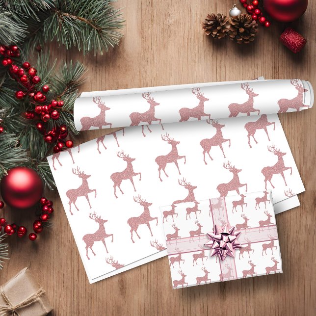Papel De Regalo Elegante reno de vacaciones Purpurina de oro rosa  (Elegant Pink Rose Gold Glitter Holiday Reindeer Wrapping Paper)