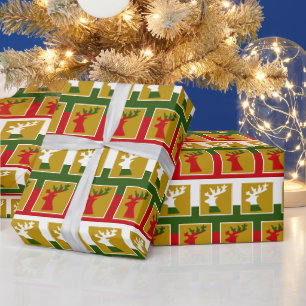 Papel De Regalo Elegante reno navideño en blanco y rojo verde dora