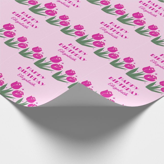 Papel De Regalo Elegante retro Tulip Floral Aniversario rosa (Esquina)