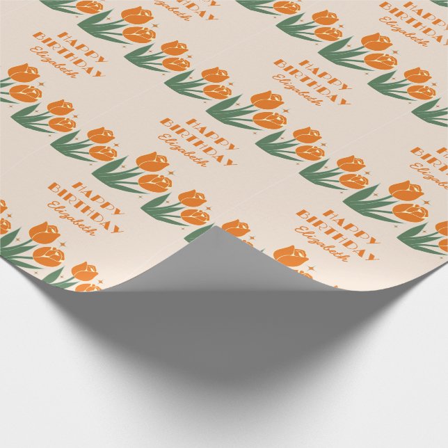 Papel De Regalo Elegante retro Tulip Floral Naranja Cumpleaños (Esquina)