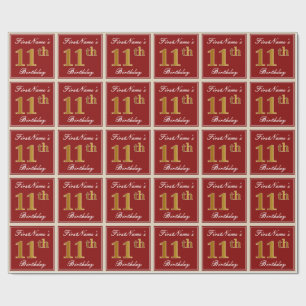 Papel De Regalo Elegante, Rojo, Dorado Falso Cumpleaños 11; Nombre