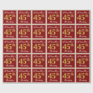 Papel De Regalo Elegante, Rojo, Dorado Falso Cumpleaños 45; Nombre