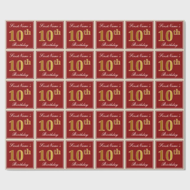 Papel De Regalo Elegante, rojo, falso oro 10 cumpleaños; nombre pe (Superficie plana)