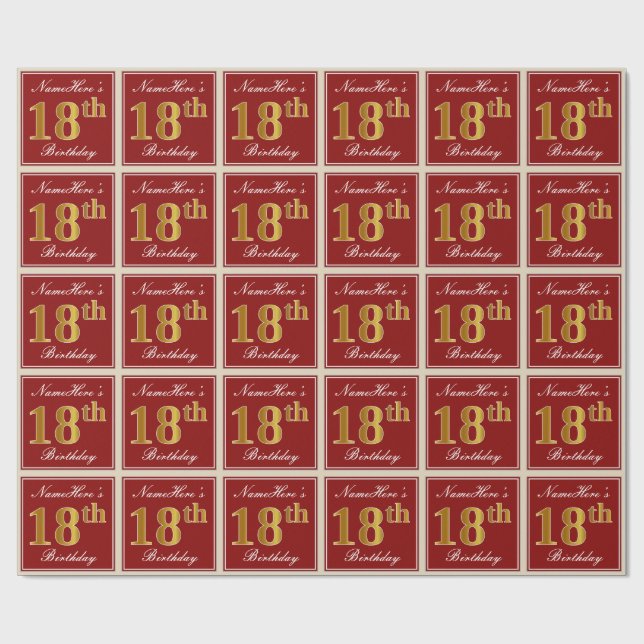 Papel De Regalo Elegante, rojo, falso oro 18 cumpleaños; nombre pe (Superficie plana)