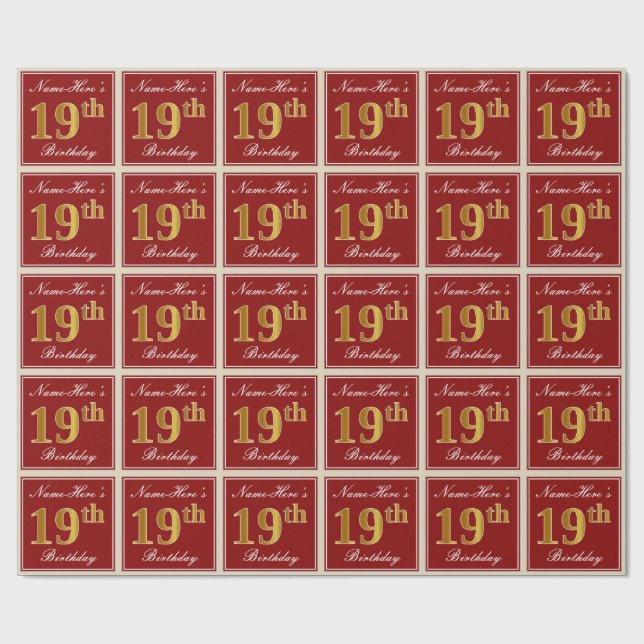 Papel De Regalo Elegante, rojo, falso oro 19 cumpleaños; nombre pe (Superficie plana)