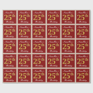 Papel De Regalo Elegante, rojo, falso oro 25 cumpleaños; nombre pe