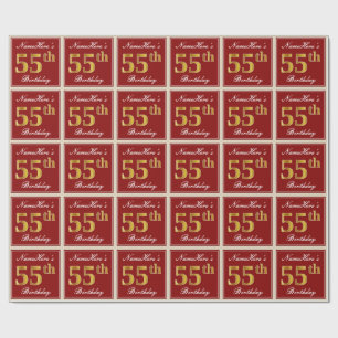 Papel De Regalo Elegante, rojo, falso oro 55 cumpleaños; nombre pe