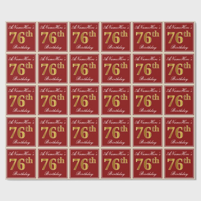 Papel De Regalo Elegante, rojo, falso oro 76º cumpleaños; nombre p (Superficie plana)