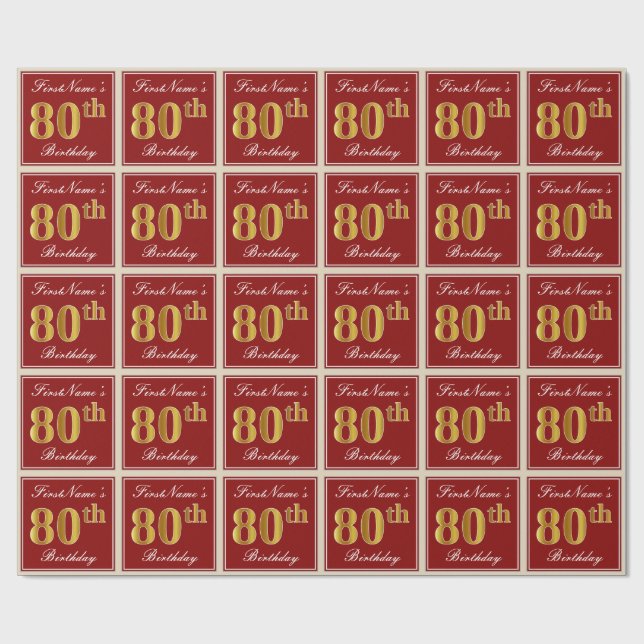 Papel De Regalo Elegante, rojo, falso oro 80 cumpleaños; nombre pe (Superficie plana)