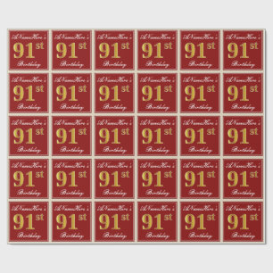 Papel De Regalo Elegante, rojo, falso oro 91º cumpleaños; nombre p