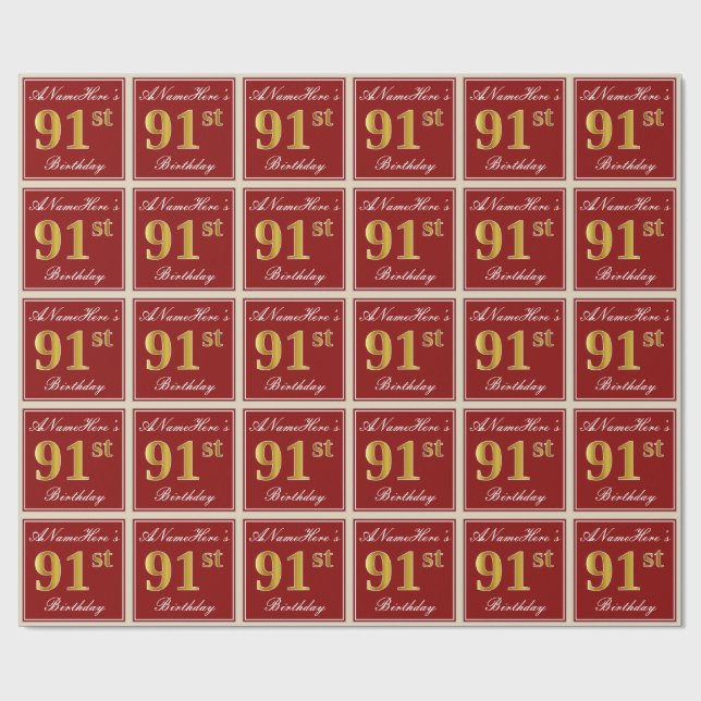 Papel De Regalo Elegante, rojo, falso oro 91º cumpleaños; nombre p (Superficie plana)