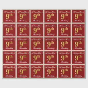 Papel De Regalo Elegante, rojo, falso oro 9 cumpleaños + nombre pe