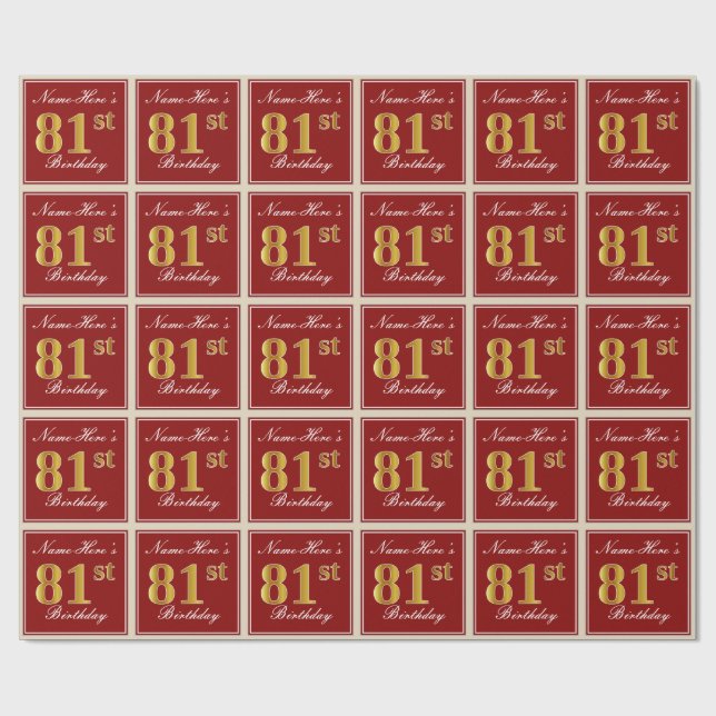 Papel De Regalo Elegante, Rojo, Faux Gold 81st Birthday; Nombre pe (Superficie plana)