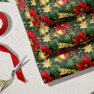 Papel De Regalo Elegante Rojo Verde Dorado Navideño Ornamentado  