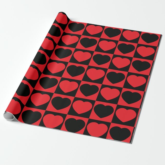 Papel De Regalo Elegante Romántico Rojo Corazón Negro Patrón Verif (Desenrollado)