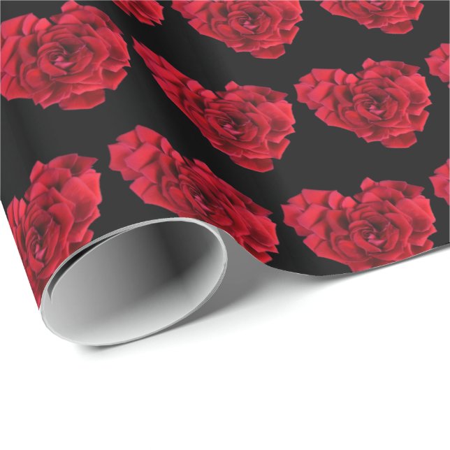 Papel De Regalo Elegante Romántico Rojo Rose Heart Pattern Black (Esquina del rollo)