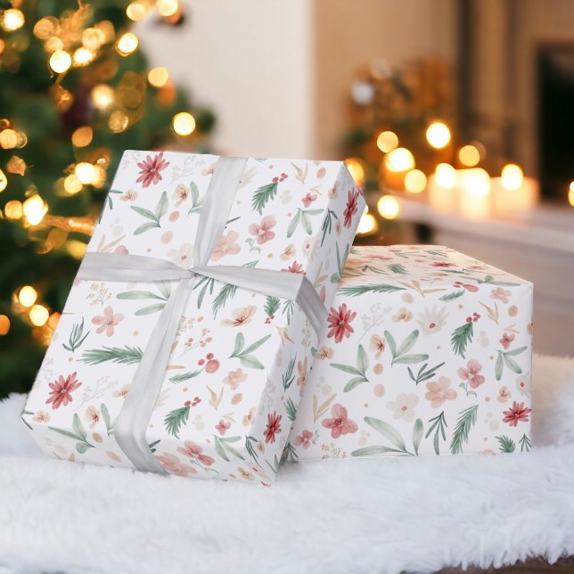 Papel De Regalo Elegante romántico suave acuarela Navidades floral (Elegant romantic Soft Watercolor Floral Christmas Wrapping Paper)