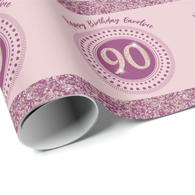 Papel De Regalo Elegante Rosa 90 Purpurina de oro y rayas (Esquina del rollo)