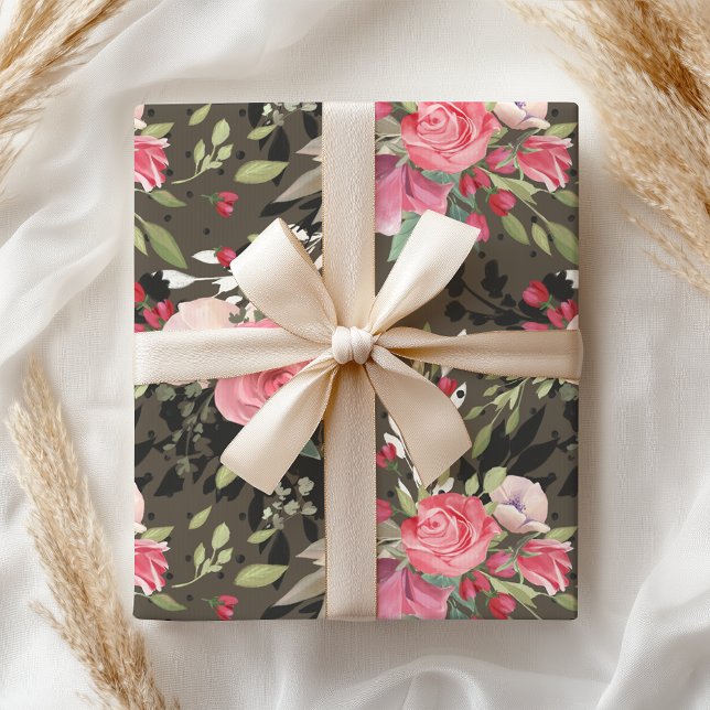 Papel De Regalo Elegante Rosa blanco rosado negro floral (Subido por el creador)