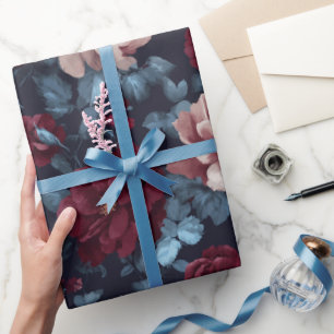 Papel De Regalo Elegante Rosa Borgoña Patrón Floral Marino