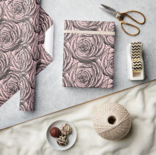 Papel De Regalo Elegante Rosa botánico negro en Rubor rosa pálido