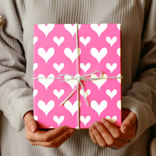 Papel De Regalo Elegante Rosa Caliente Corazón Blanco Vintage