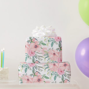 Papel De Regalo Elegante Rosa Claro Acuarela Floral Hojas Blanco