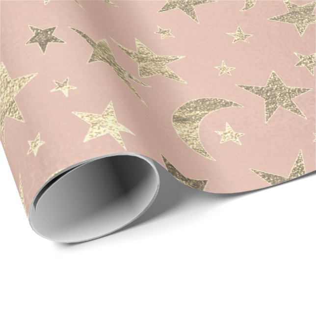 Papel De Regalo Elegante Rosa de la luna de las estrellas doradas  (Esquina del rollo)