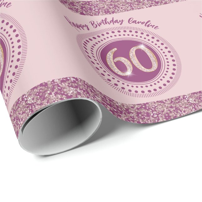 Papel De Regalo Elegante Rosa de oro de 60 años Purpurina y rayas (Esquina del rollo)