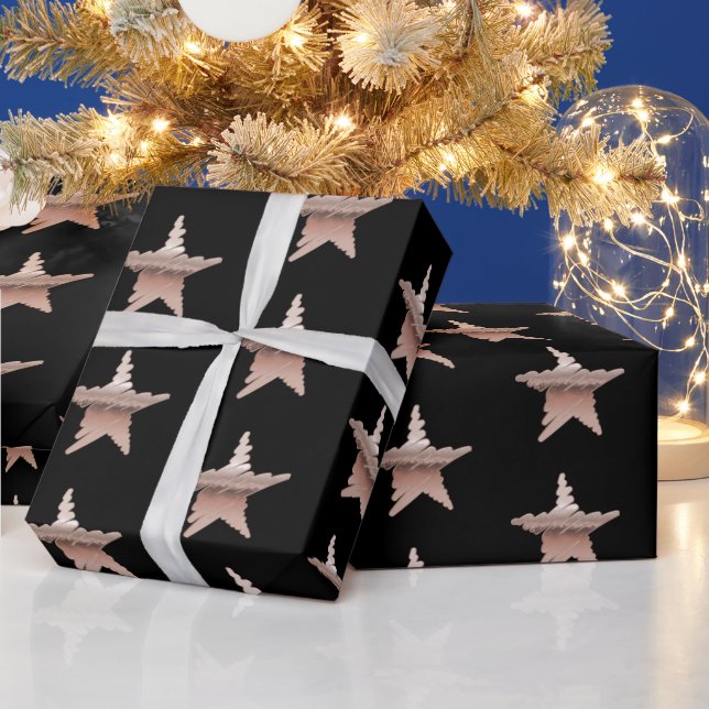 Papel De Regalo Elegante rosa dorado metálico estrellas negro (Vacaciones)