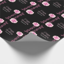 Papel De Regalo Elegante Rosa Floral Rosa Negro Feliz cumpleaños