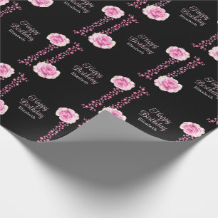 Papel De Regalo Elegante Rosa Floral Rosa Negro Feliz cumpleaños