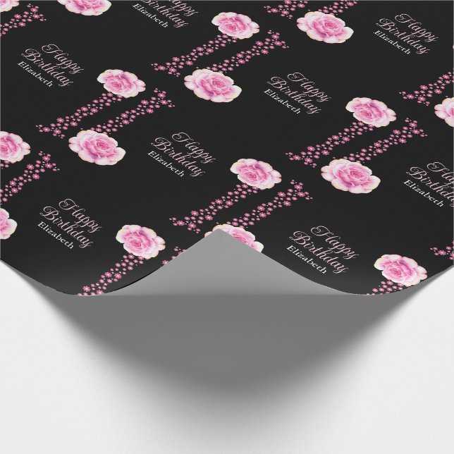 Papel De Regalo Elegante Rosa Floral Rosa Negro Feliz cumpleaños (Esquina)