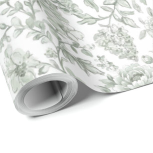 Papel De Regalo Elegante Rosa Floral Verde Salvia 