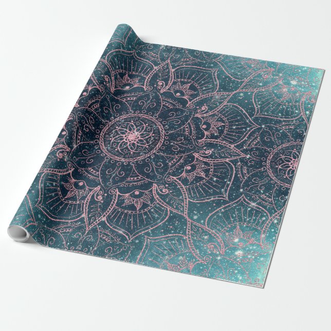 Papel De Regalo Elegante Rosa Gold Mandala Estrellas de nebula azu (Desenrollado)