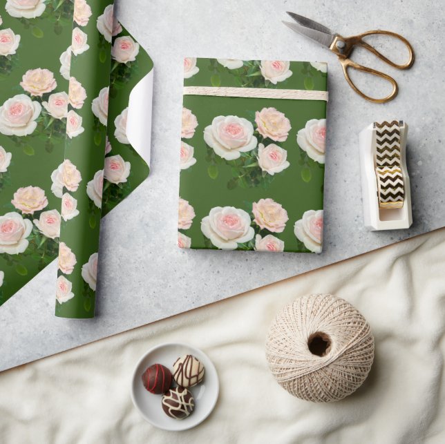 Papel De Regalo Elegante rosa rosa blanco de pasto verde (Artesanía)