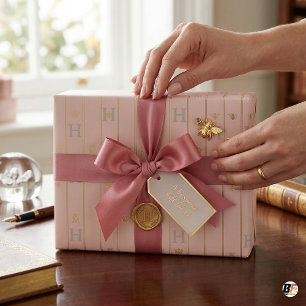 Papel De Regalo Elegante rosa rubor y franja dorada inicial H Mono