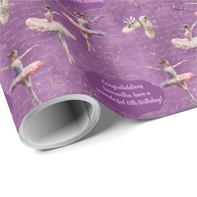 Papel De Regalo Elegante Rubor Pink Purple Name Age Text Ballerina (Esquina del rollo)