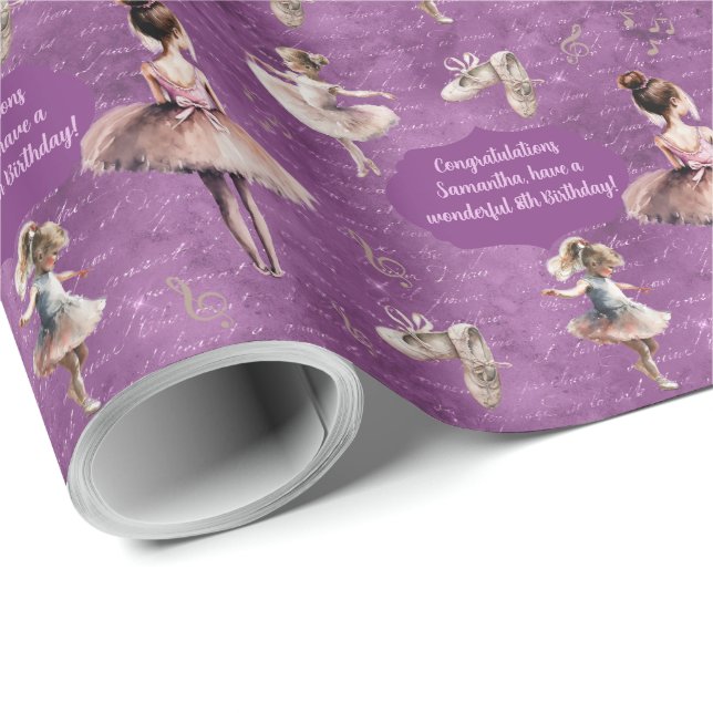 Papel De Regalo Elegante Rubor Pink Purple Name Age Text Ballet (Esquina del rollo)
