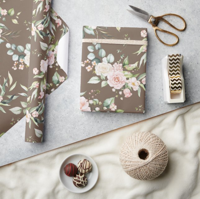 Papel De Regalo Elegante Rubor rosa Eucalyptus Brown (Artesanía)
