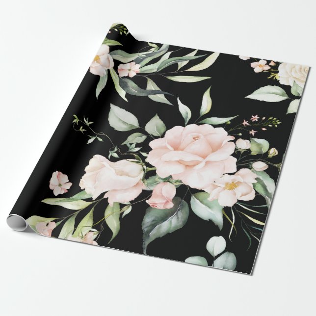Papel De Regalo Elegante Rubor rosa Eucalyptus Greenery Negro (Desenrollado)