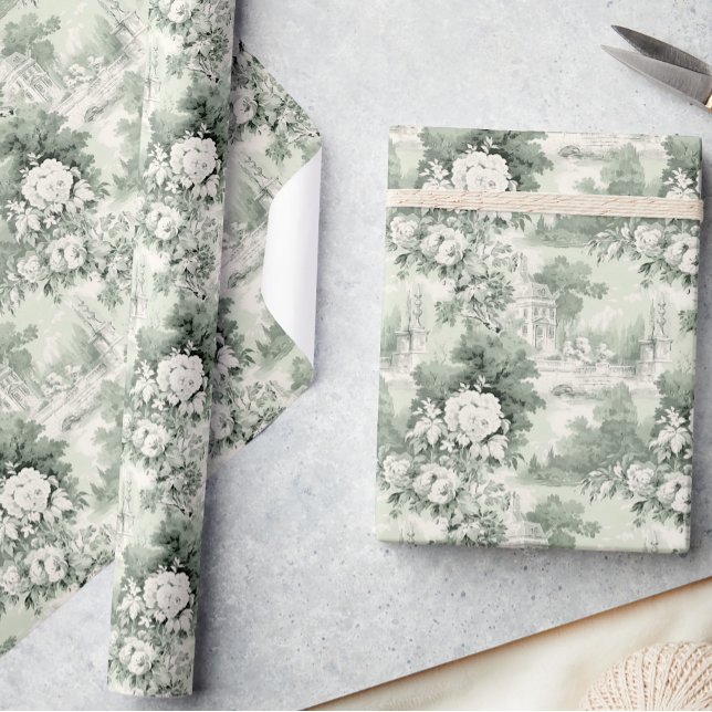Papel De Regalo Elegante Sage Green Rosas Franceses Toile Floral (Subido por el creador)