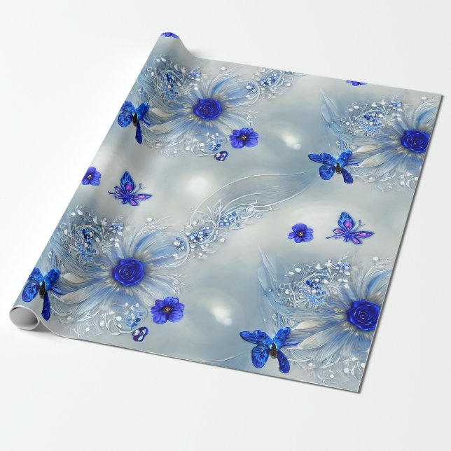 Papel De Regalo Elegante Silvery, floral azul y gris y mariposa (Desenrollado)