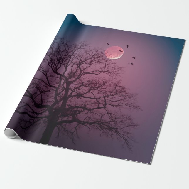 Papel De Regalo Elegante Spooky Halloween Theme Tree Moon Artwork (Desenrollado)