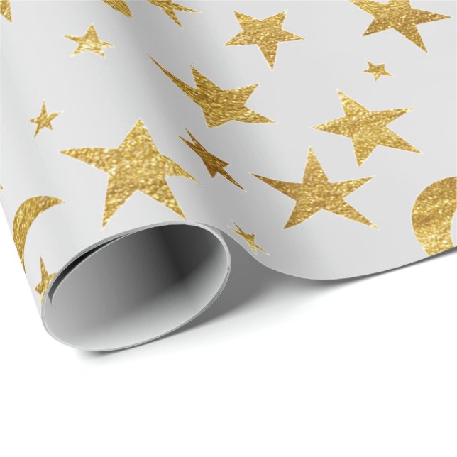 Papel De Regalo Elegante Stars Moon Silver Gray Gold Metallic Sky (Esquina del rollo)