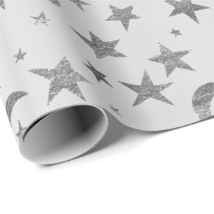 Papel De Regalo Elegante Stars Moon Silver Gray Metallic Sky