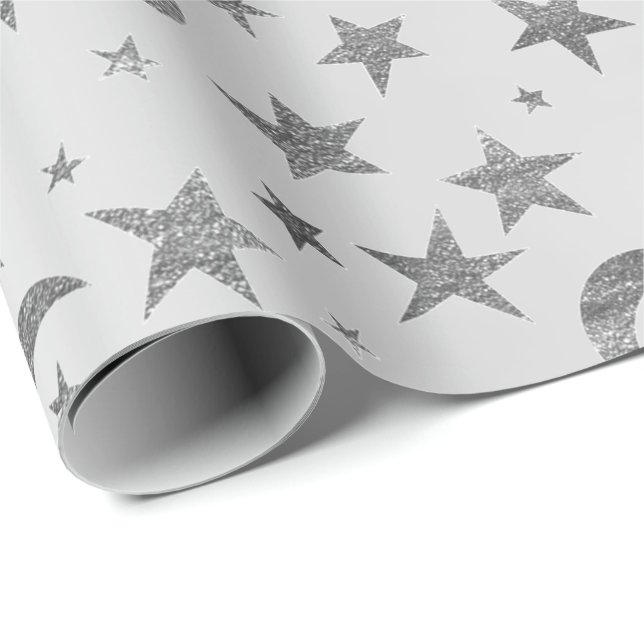 Papel De Regalo Elegante Stars Moon Silver Gray Metallic Sky (Esquina del rollo)