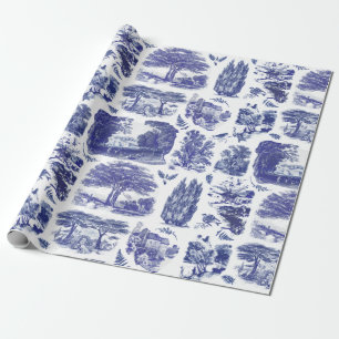 Papel De Regalo Elegante Tela Pastoral De Paisaje Azul Vintage